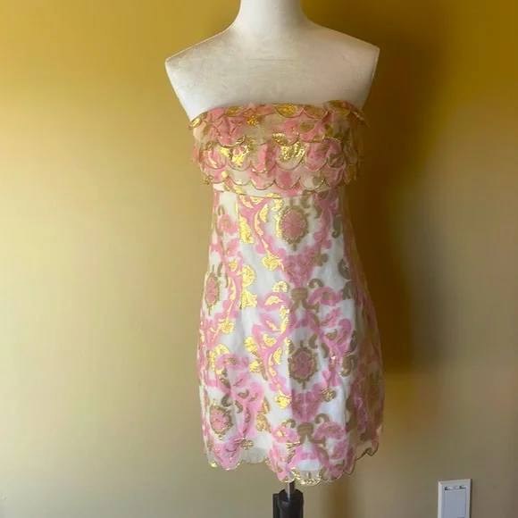 Lily Pulitzer size 2 Cream Pink Metallic Gold Scalloped trim - Picture 1 of 3